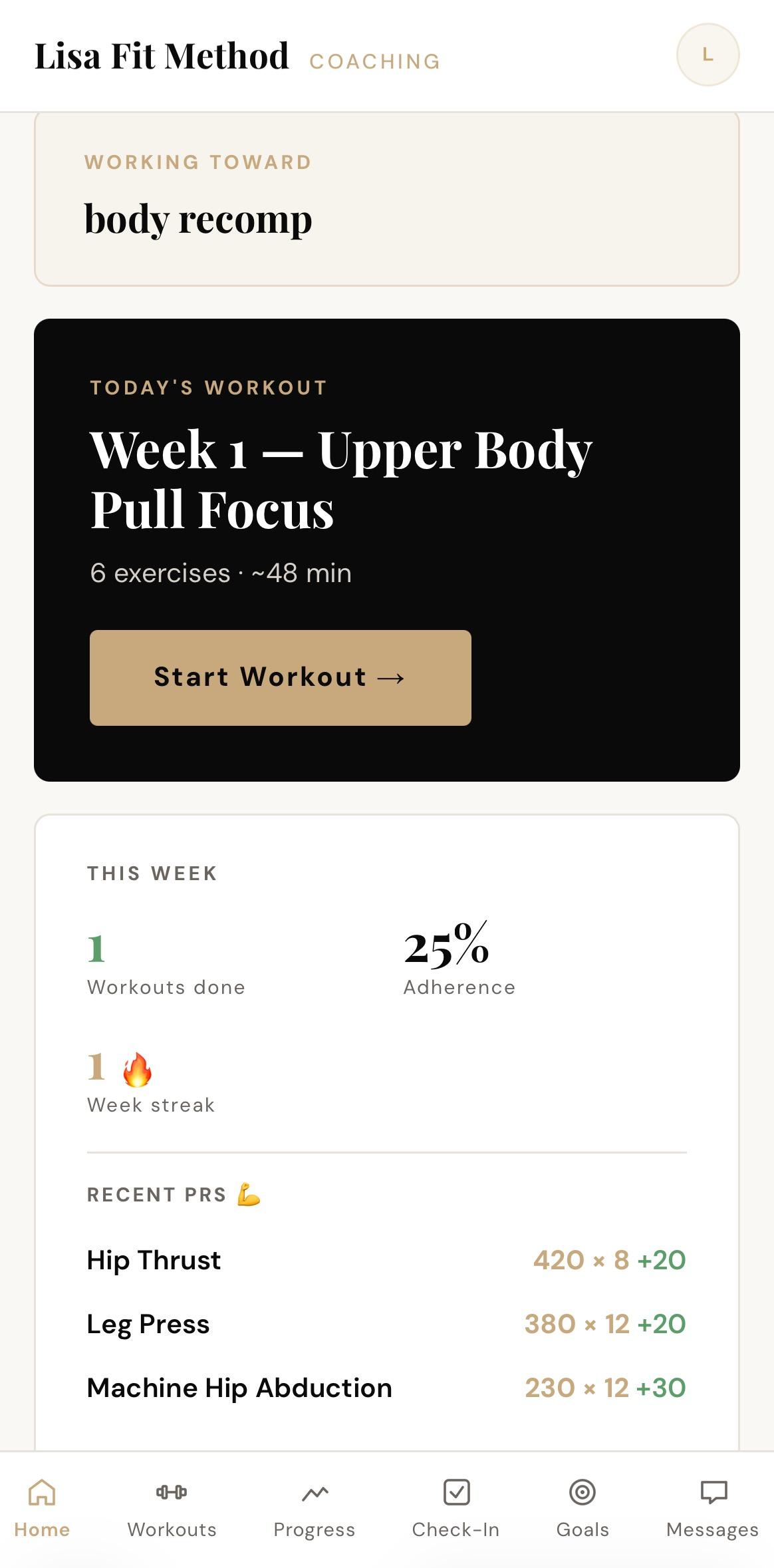 Coaching portal — home dashboard